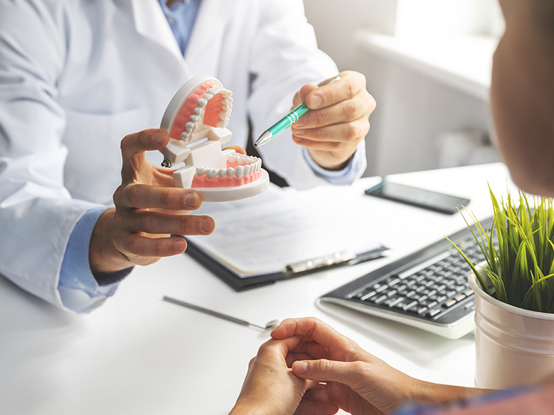 A dental professional in a white coat holding a model mouth, examining it with a stethoscope while a patient sits across the table.