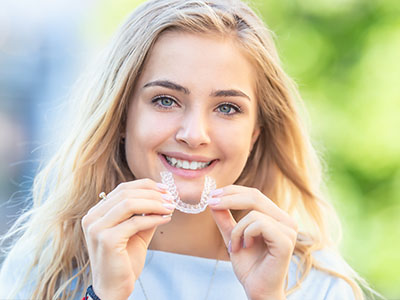 A young woman is smiling and holding a dental retainer in her hand.