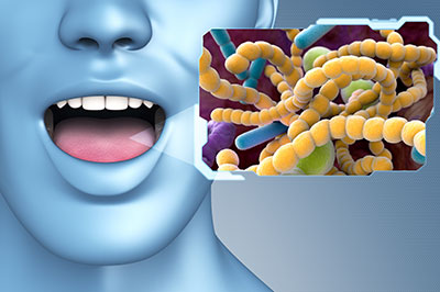 The image features a 3D rendering of a human face with an open mouth, displaying a microscopic view of bacteria and viruses.