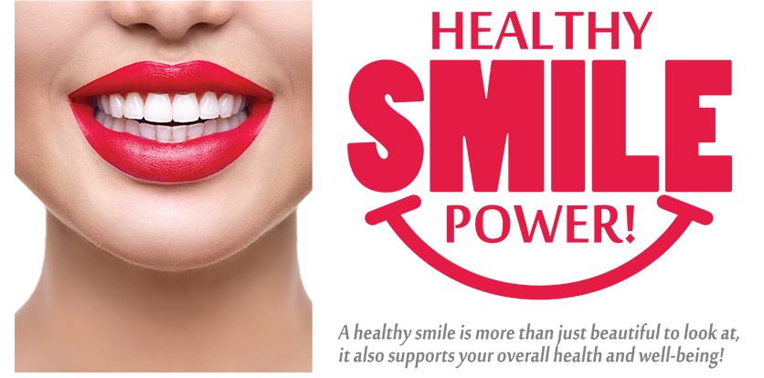 The image is a graphic with text that reads  HEALTHY SMILE POWER  in bold, capitalized letters. It features a close-up of a person s face with red lipstick and white teeth, suggesting dental care or cosmetic services related to smiles.