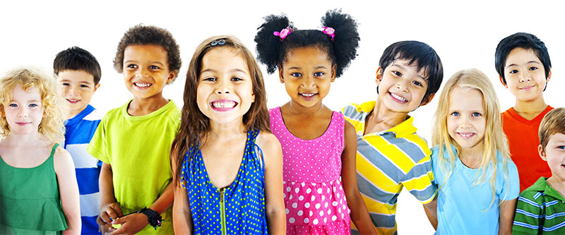 A group of diverse children posing for a photo with bright colors and cheerful expressions.