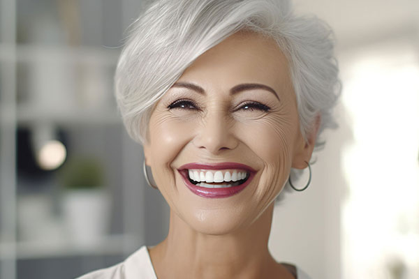 The image is a photograph of an older woman with short grey hair, wearing makeup and smiling broadly at the camera. She has fair skin and appears to be indoors, possibly in a kitchen or living area, as suggested by the background that includes white cabinets and a blurred view of what seems to be a kitchen countertop. The style of the image is realistic and it is designed for promotional or advertising purposes, likely targeting an audience interested in beauty products or cosmetic services.